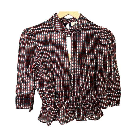 Anthropologie Lenon Striped Peplum Keyhole Puff Sleeve Blouse Top Womens XS Chic - Picture 1 of 9